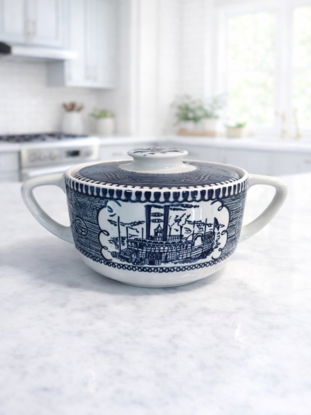 Vintage Royal Blue China Currier & Ives Sugar Bowl with Lid